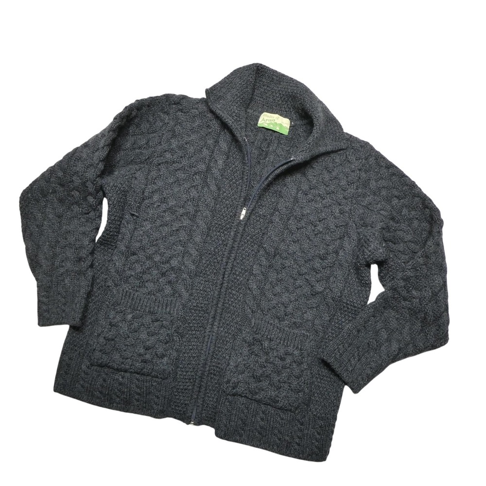 Shades Of Aran Sweater‎ Mens L Gray Wool Cable Knit Full Zip Ireland Pockets